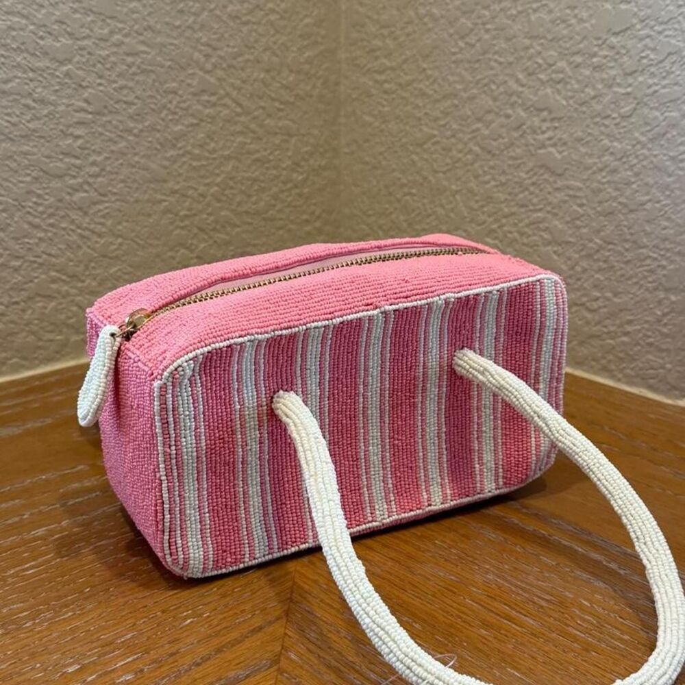 NWT Anthropologie Maeve Pink and White Striped Beaded Box-Shaped Bag